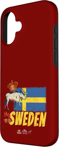 Vista 2 de Funda para iPhone 16 Suecia con bandera vintage y recuerdo de alce