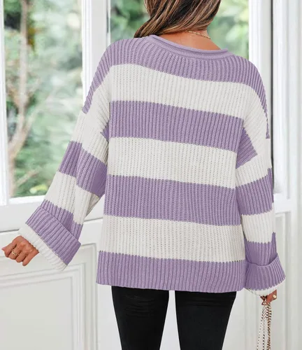 Vista 55 de ZESICA Suéter tejido sin botones de manga larga y cuello redondo, a rayas, bloques de color, cómodo, holgado, talla extragrande para mujer de 2024