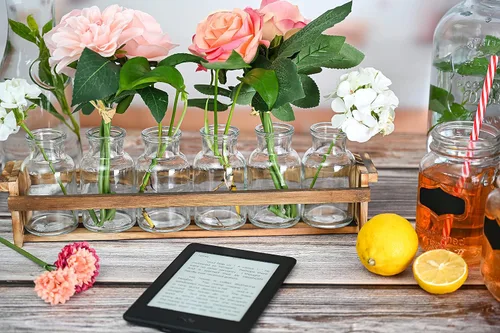 Vista 8 de Hermoso jarrón de cristal con soporte de madera para plantas y 6 jarrones de brotes, botellas de vidrio decorativas para decoración del hogar