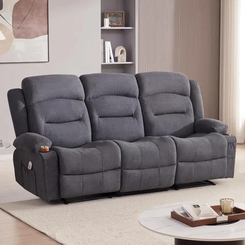 Vista 3 de Sofá reclinable extragrande con calor y masaje, sofá reclinable RV grande de 3 plazas para sala de estar, sofá reclinable de pared con portavasos