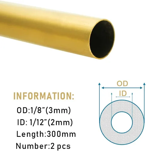 Vista 2 de H62 1/8 "(3 mm) Tubo de latón OD 0.020 in pared × 11.811 in de longitud tubo de latón sin costuras redondo, 2 piezas