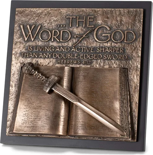 Vista 9 de Lighthouse Christian Products Espada Palabra de Dios Acabado Tipo Bronce 8.5 x 5.75 Caja Placa Escultura de Piedra Fundida y Madera