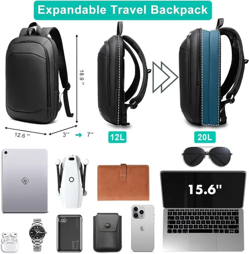 Vista 2 de hk Mochila de negocios para hombres de 15.6 pulgadas, delgada y expandible, impermeable, mochila de viaje para laptop, bolsa de trabajo ligera