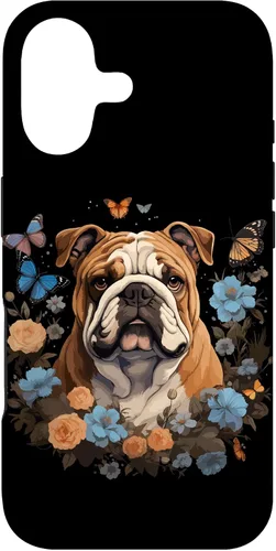 Vista 32 de Funda para iPhone 16 Bulldog Inglés con Flores y Mariposas
