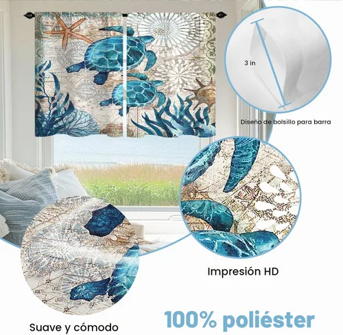 Vista 5 de Cortinas cortas de cocina con diseño náutico de tortugas marinas azules y playas, media cortina de baño para dormitorio, juego de 2 paneles de 27.5