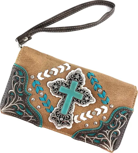 Vista 2 de Justin West Rhinestone Cruz Bordado Floral Corte Láser Pulsera Trifold Billetera Correa Larga