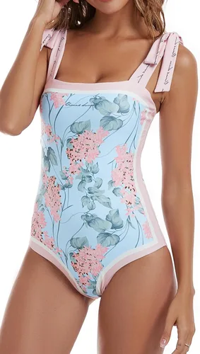 Vista 4 de Trajes de baño reversibles de una pieza para mujer, diseño floral, con lazo en el hombro, control de abdomen, adelgazante, cuello cuadrado