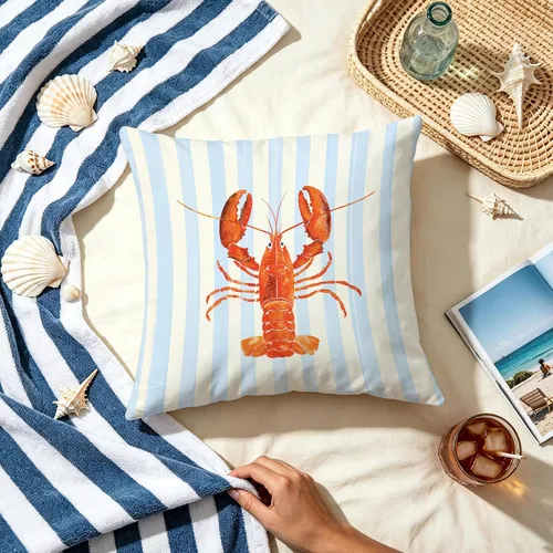 Vista 6 de Fundas de almohada costeras de langosta, fundas de almohada náuticas de langosta roja de Nueva Inglaterra con rayas azules y blancas para casa