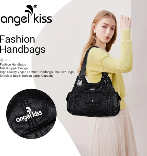 Vista 2 de Angelkiss - Bolsos y bolsos de mano para mujer, de cuero vegano lavado, bolso cruzado estilo hobo