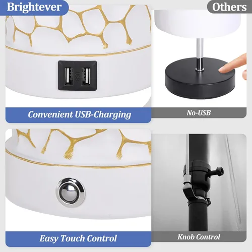 Vista 3 de Brightever Lámpara de mesa para sala de estar, juego de 2 lámparas táctiles con puertos de carga USB duales, lámparas de granja regulables de 3 vías