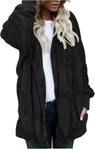 Vista 2 de Rikbuig Chaqueta Sherpa para mujer, forro polar mullido con capucha y bolsillos