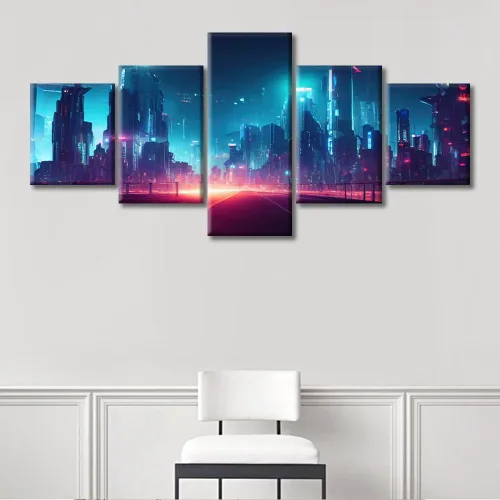 Vista 343 de Cuadros de 5 paneles de Cyberpunk City, arte de pared, representación de vallas publicitarias, edificios modernos en la capital con obras de arte