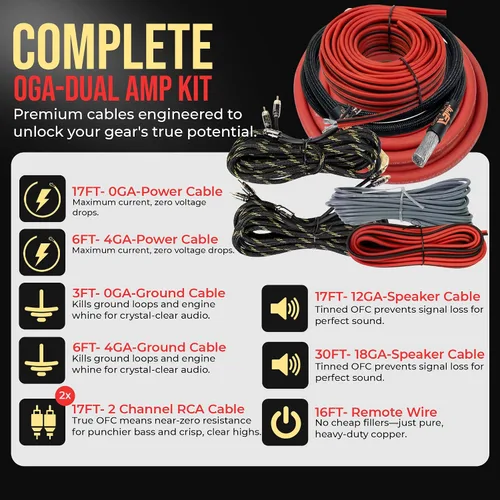 Vista 2 de Elite Audio Kit de cableado de amplificador dual calibre 0, kit de instalación de amplificador OFC de 5000 W para 2 amplificadores - EA-PROK0-DUAL