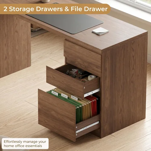 Vista 5 de FUNKOCO Escritorio blanco para computadora con 3 cajones, escritorio de madera para oficina en casa de 53 pulgadas con cajón de archivos