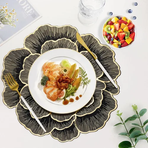 Vista 4 de Juego de 6 manteles individuales dorados con flores para mesa de comedor, manteles individuales redondos de vinilo prensado metálico de 15 pulgadas
