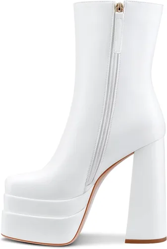 Vista 3 de Aachcol Botas de plataforma para mujer, puntera cuadrada, tacón alto, grueso, cremallera lateral, media pantorrilla, botines