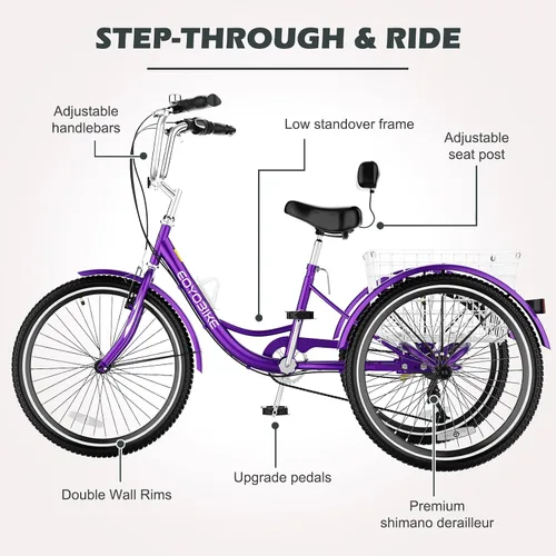 Vista 6 de H&ZT Triciclo para adultos, bicicleta de 3 ruedas, triciclo crucero, con cambio de 7 velocidades, manilla de freno de estacionamiento, paso bajo