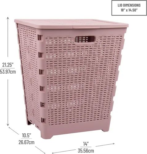 Vista 3 de Mind Reader Cesta plegable para ropa sucia de 61 litros, cesta de ropa, tapa, diseño de mimbre, plástico, 18 pulgadas de largo x 14.5 pulgadas