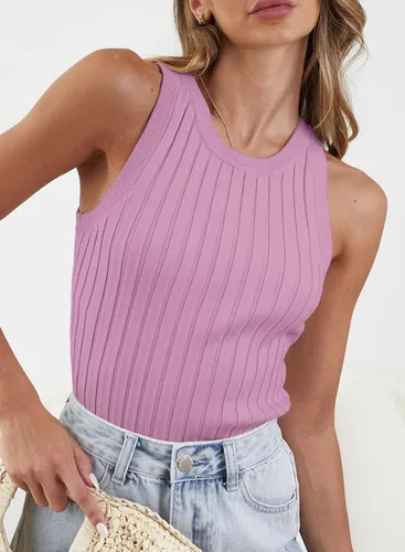 Vista 2 de Dokotoo Camisetas sin mangas para mujer, de verano, sin mangas, de cuello alto, de punto acanalado, ajustadas, básicas, lisas