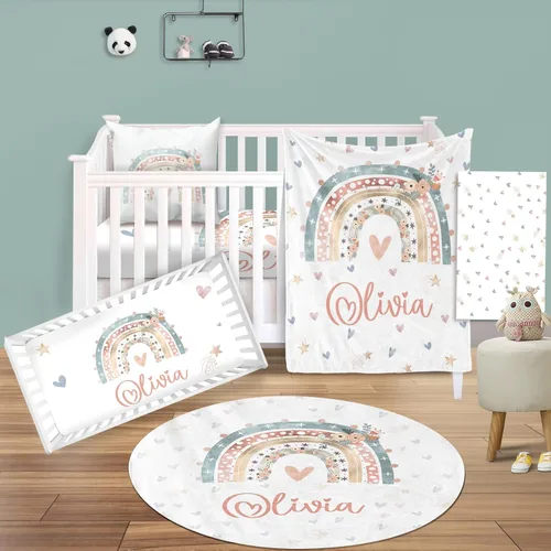 Vista 25 de Juego de ropa de cama para cuna de bebé, 5 piezas, diseño de bolas y arco iris, manta de bebé con nombre personalizado, sábana bajera para cuna
