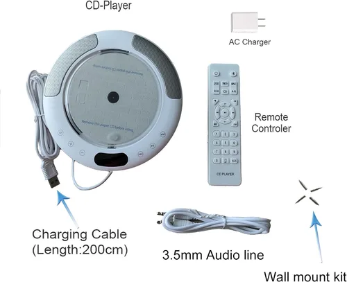 Vista 6 de Reproductor de CD portátil con Bluetooth, radio FM, montado en la pared y soporte de escritorio, reproductor de música de CD para el hogar Boombox