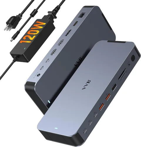 Vista 10 de Estación de acoplamiento USB C de monitor dual para laptop Dell/Lenovo/HP; estación de acoplamiento HDMI; hub USB C; adaptador multipuerto dongle