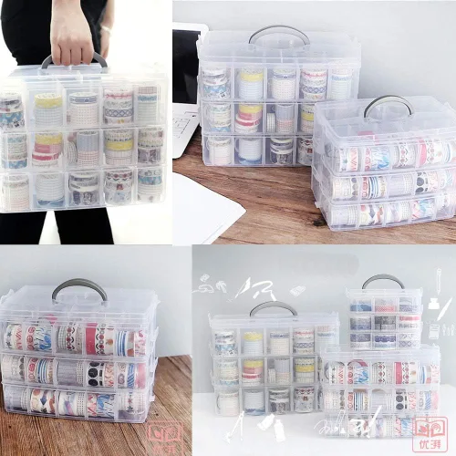 Vista 2 de HomDSim Washi - Organizador de caja de cinta, contenedor de armario divisor, con 30 compartimentos ajustables, transparente, cinta adhesiva