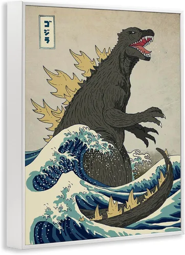 Vista 2 de Ilustración náutica de estilo oriental de Godzilla' Arte Giclée enmarcado Blanco costero (Texturado)