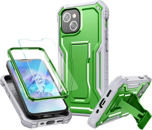 Vista 14 de FITO Funda para Apple iPhone 13, doble capa a prueba de golpes resistente con protector de pantalla de vidrio templado y soporte integrado (verde)