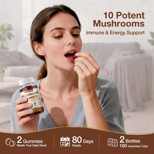 Vista 3 de Gomitas de hongos para adultos, mezcla avanzada 10 en 1, apoyo inmunológico y refuerzo cognitivo, complejo de suplementos de hongos con melena