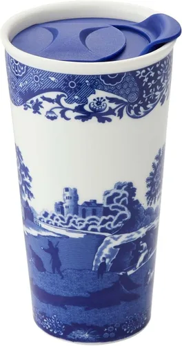 Vista 10 de Spode Taza de viaje de porcelana italiana azul de 8 onzas con tapa – Vaso con estampado escénico con borde decorativo – Taza de café de cerámica
