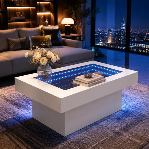 Vista 13 de FKWin Mesas de centro modernas negras – Mesa de centro cuadrada con espejo de profundidad infinita con luces LED, mesa negra para sala de estar