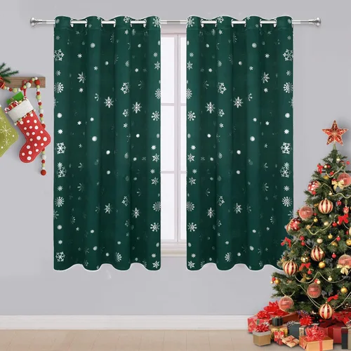 Vista 16 de FRAMICS Cortinas de Navidad con estampado de copos de nieve dorados en papel de aluminio, cortinas opacas con aislamiento térmico para sala de estar