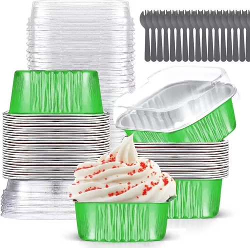 Vista 13 de Findful - Juego de 40 moldes cuadrados de papel de aluminio para cupcakes de 10 oz con tapas, moldes para brownies, moldes desechables grandes