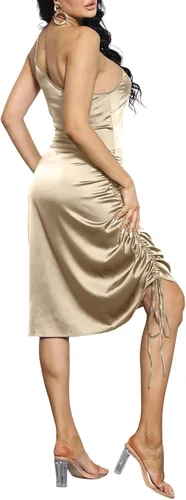 Vista 5 de Vestido de satén para mujer, con tirantes delgados, cordón, fruncido, cóctel, noche, fiesta, club nocturno