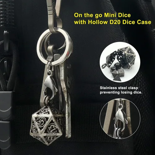 Vista 3 de Haxtec Mini Juego de Dados de Metal D&D con Estuche de Collar Hueco - Llavero Portátil de 7 Piezas Plata antigua