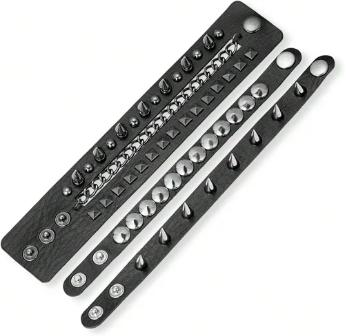 Vista 2 de Juego de 4 pulseras de cuero punk para hombres y mujeres, cuentas negras, tachuelas piramidales, espiga trenzada y puños de hebilla tachonados