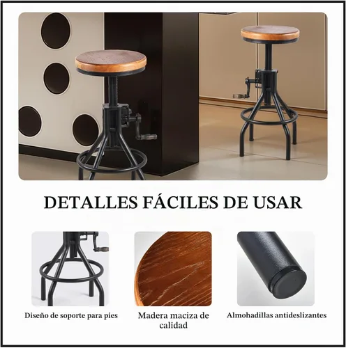 Vista 5 de Taburete industrial de madera para mostrador de granja, altura ajustable con asa, taburete de bar de cocina, color negro, juego de 2