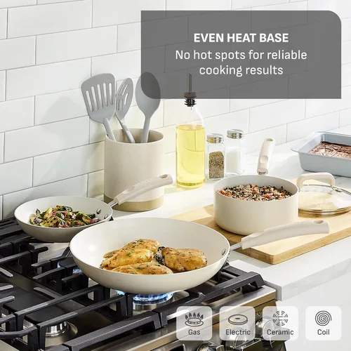 Vista 3 de T-Fal Signature - Juego de sartenes antiadherentes de 8 y 10 pulgadas, apto para lavavajillas, apto para horno hasta 350 °F, juego de ollas y Crema