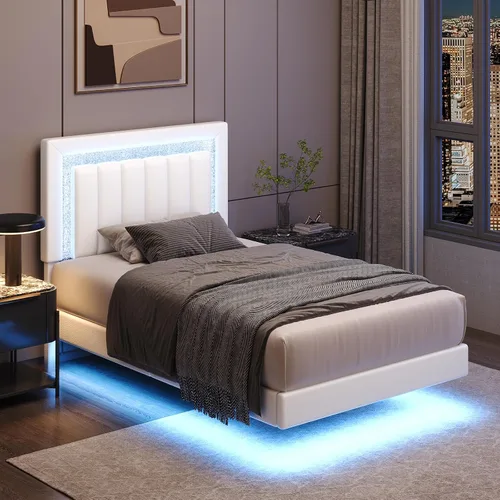 Vista 14 de HOMBCK Base de cama flotante individual con luces LED inteligentes, cama de plataforma tapizada de piel sintética con cabecera de diamante, no Negro