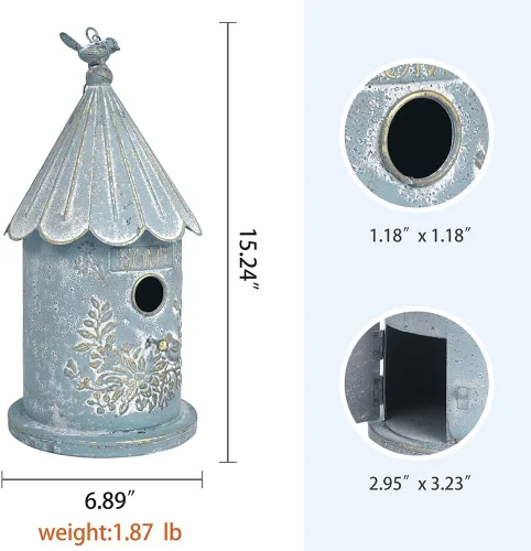 Vista 2 de Casas de pájaros colgantes de metal para exteriores, casitas de pájaros para exteriores, nido de pájaros único para pájaros azules, pajarillos