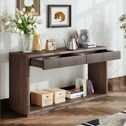 Vista 31 de 50" Modern Art Sculptural Console Table, Oval Cutout Legs, Wood Veneer, Thick Rounded Tabletop, Contemporary Entryway Sofa Table for Living Room