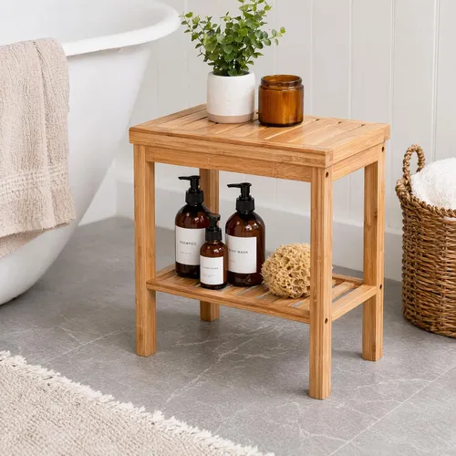 Vista 2 de SOUJOY Banco de ducha de bambú, taburete de asiento de baño, taburete de afeitado para reposapiés de spa, estante de almacenamiento para toalla