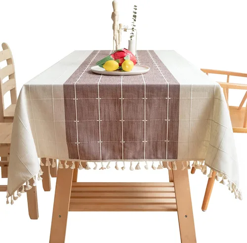 Vista 11 de Mantel rústico bordado con borla, lino de algodón sin arrugas, antidecoloración, lavable, a prueba de polvo, para comedor, cocina, fiesta, Azul