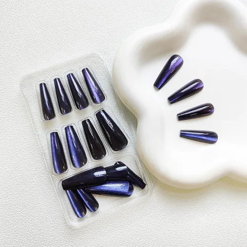 Vista 3 de Uñas postizas a presión largas, con brillo azul y diseño, acabado acrílico brillante, de cobertura completa, uñas postizas reutilizables para l002
