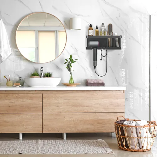 Vista 8 de Soporte para secador de pelo, organizador de secador de pelo, soporte para secadora de pelo, montado en la pared con estante para baño, salón, Negro