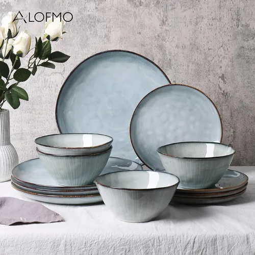 Vista 2 de Hand thrown 12 Piece Stoneware Dinnerware Sets-Service For 4, Blue