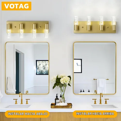Vista 4 de Lámpara de tocador de baño con 4 luces sobre espejo, acabado dorado