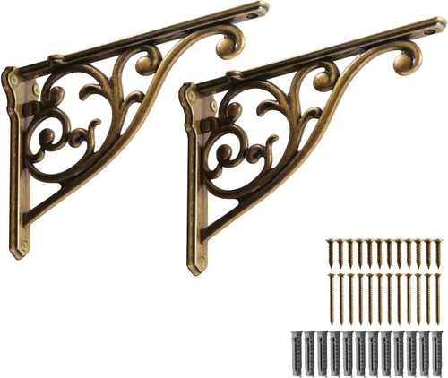 Vista 11 de Soportes de estante de 4 pulgadas, paquete de 4 soportes de pared de latón antiguo de alta resistencia, estantes decorativos de cocina victoriana