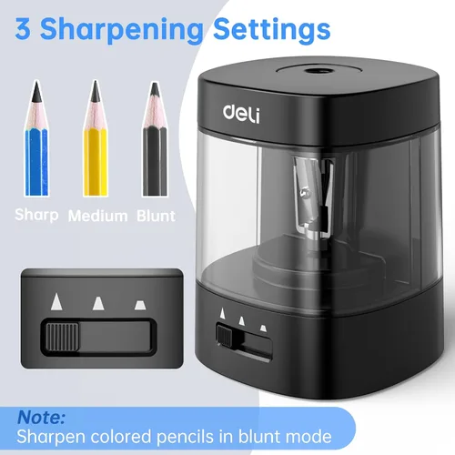Vista 2 de Deli - Sacapuntas eléctrico, sacapuntas automáticos para lápices n.º 2 y lápices de colores, sacapuntas operado por USB y batería para niños, Negro